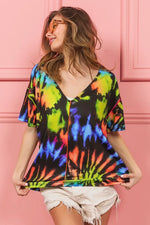 BiBi Tie Dye Print Jersey Stitched V Neck Top