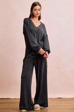 BiBi Two Tone Cord Rib Contrast Stitching V-Neck Top and Pants Set