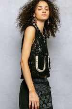 POL Button Down Cropped Crochet Vest with Scalloped Edge
