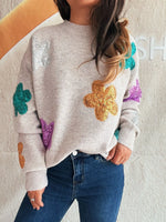 Sequin Flower Round Neck Long Sleeve Sweater