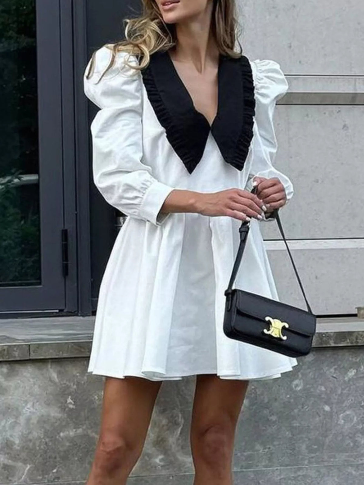 Puff Sleeve Contrast Collar Dress