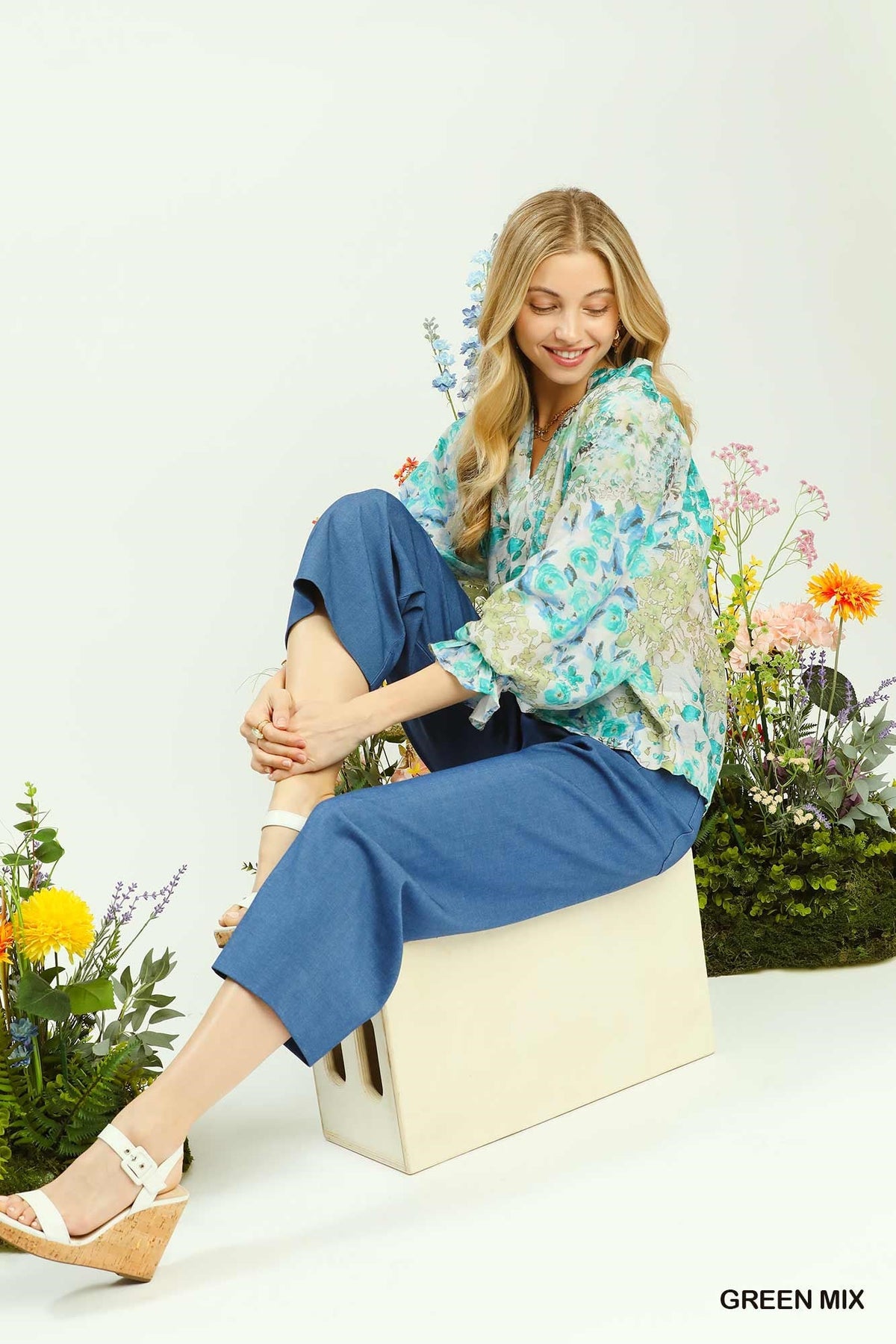 Umgee Watercolor Floral Blouse with Flounce Sleeve