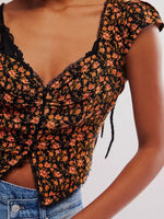 Floral Print Cap Sleeve Cropped Top