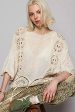 POL Round Neck Crochet Top with Floral Embroidery Detail