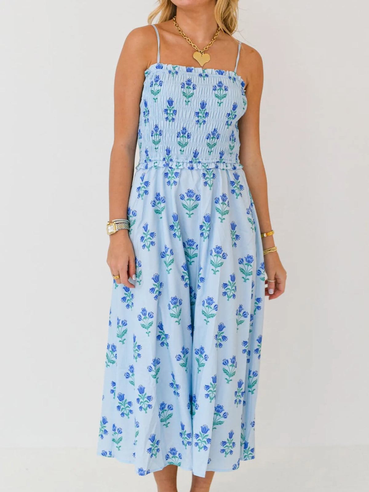 Floral Smocked Adjustable Strap Midi Cami Dress