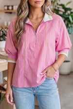 Stripe Striped V-Neck Half Sleeve Zipper Ribbed Cuff Casual Shift Blouse