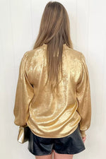 Metallic Sheen V Neck Gathered Cuff Long Sleeve Blouse