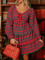 Plaid Print Ricrac Tiered Bubble Sleeve Mini Dress