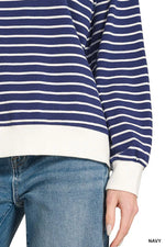 Zenana Contrast Striped Round Neck Sweatshirt