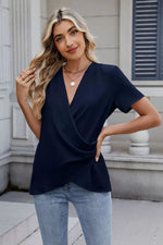 Solid Color Surplice Short Sleeve Blouse