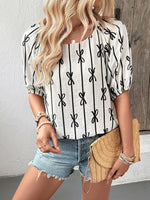 Bow Print Puff Sleeve Casual Blouse