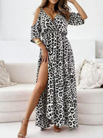 Leopard Print Cold Shoulder Slit Maxi Dress