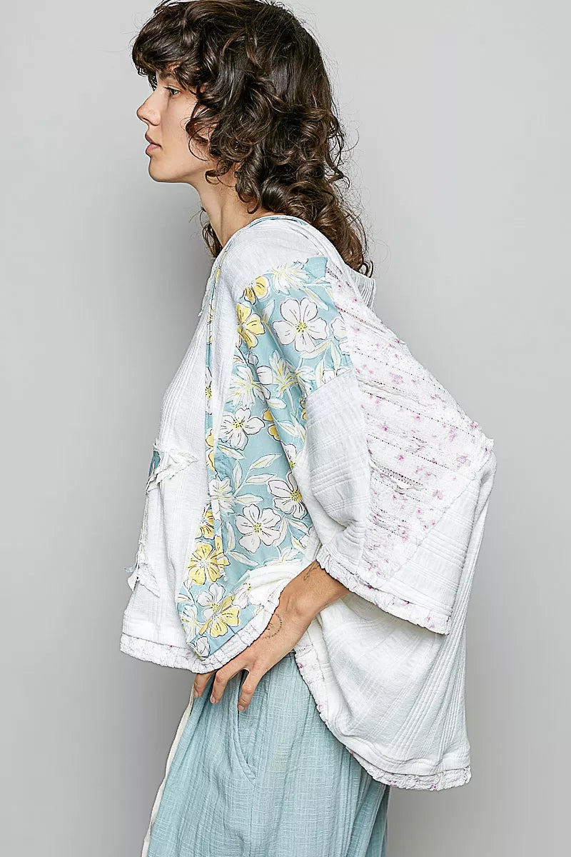 POL Floral Star Patch Hooded Blouse with Lace Contrast Detail