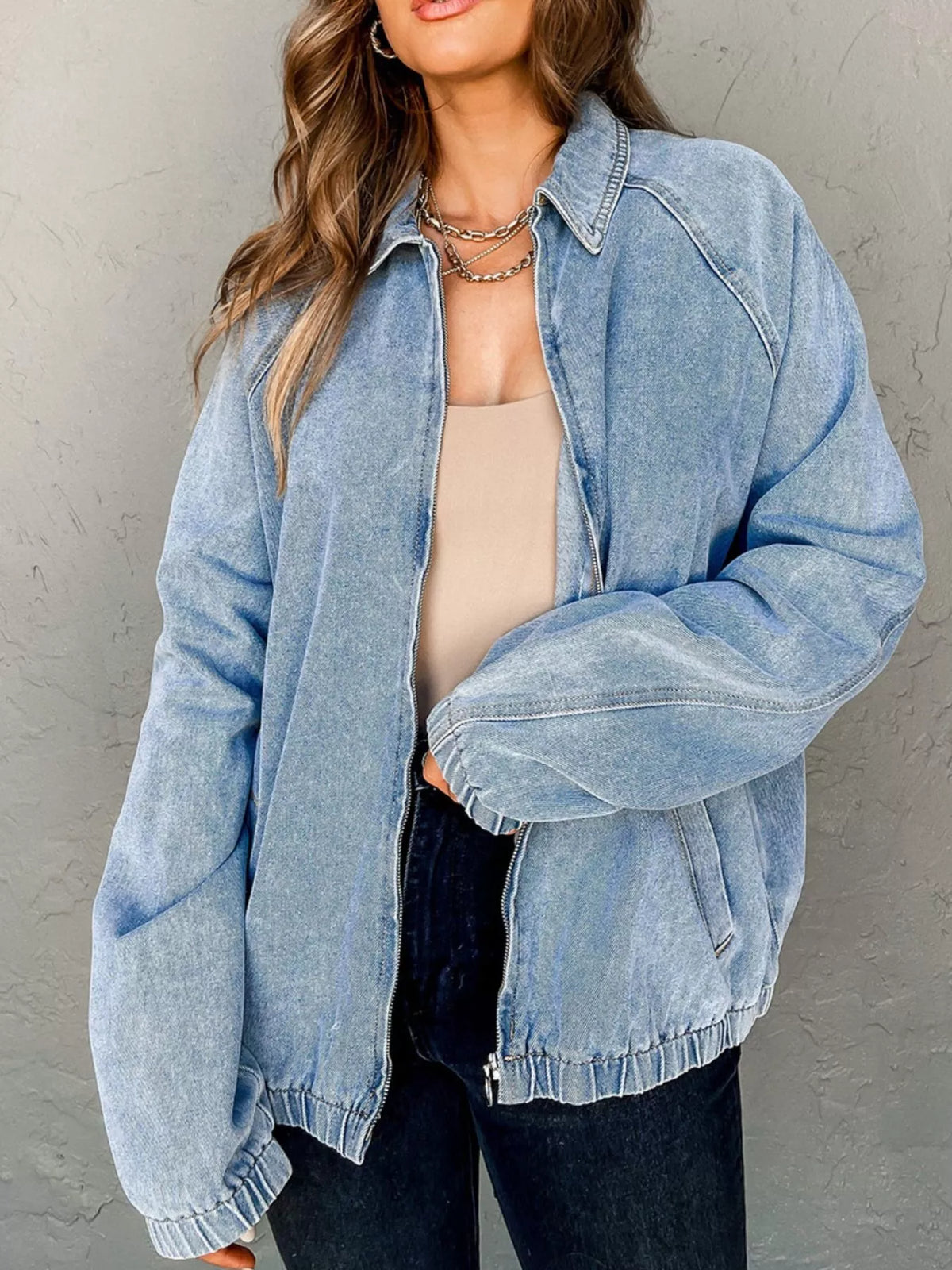 Elastic Edge Collared Zip Up Denim Jacket With Pocket