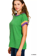 Zenana Mardi Gras Raised Rib Contrast Trim Top