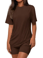 Round Neck Short Sleeve Top and Shorts Set