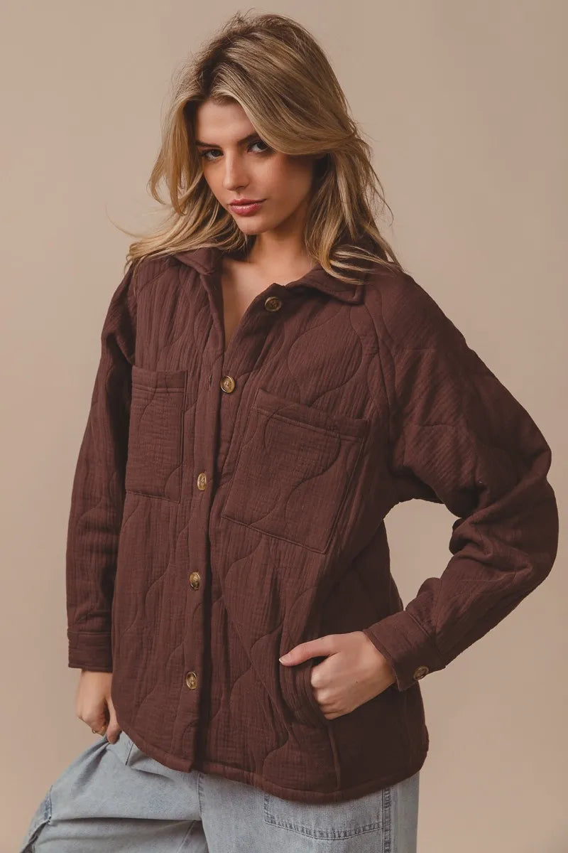 BiBi Quilted Wrinkle Gauze Long Sleeve Shacket
