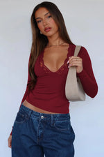 Lace Detail V-Neck Long Sleeve T-Shirt