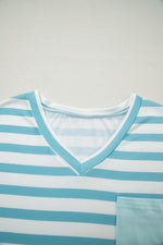 Stripe V Neck Patched Pocket Casual T Shirt