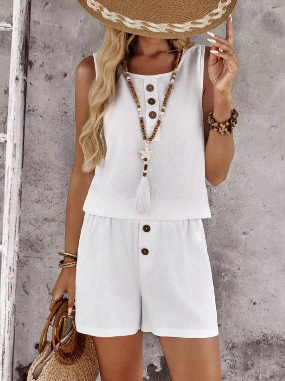 Decor Button Round Neck Tank and Shorts Set