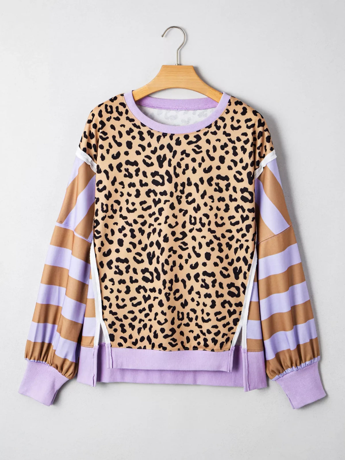 Stripe Color Block Patchwork Leopard Casual Sweatshirt with Slits