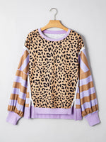 Stripe Color Block Patchwork Leopard Casual Sweatshirt with Slits