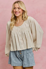 SO ME Linen Blend Woven Long Sleeve With Smocking Top