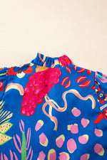 Abstract Print Frilled Collar Ruffled Puff Short Sleeve Top