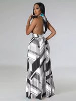 Halter Neck Geometric Print Pleated Maxi Dress