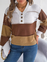 Color Block Striped V-Neck Button Detail Sweater