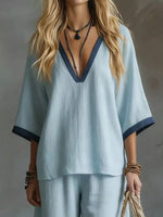 Contrast Trim V-Neck Top and Pants Set