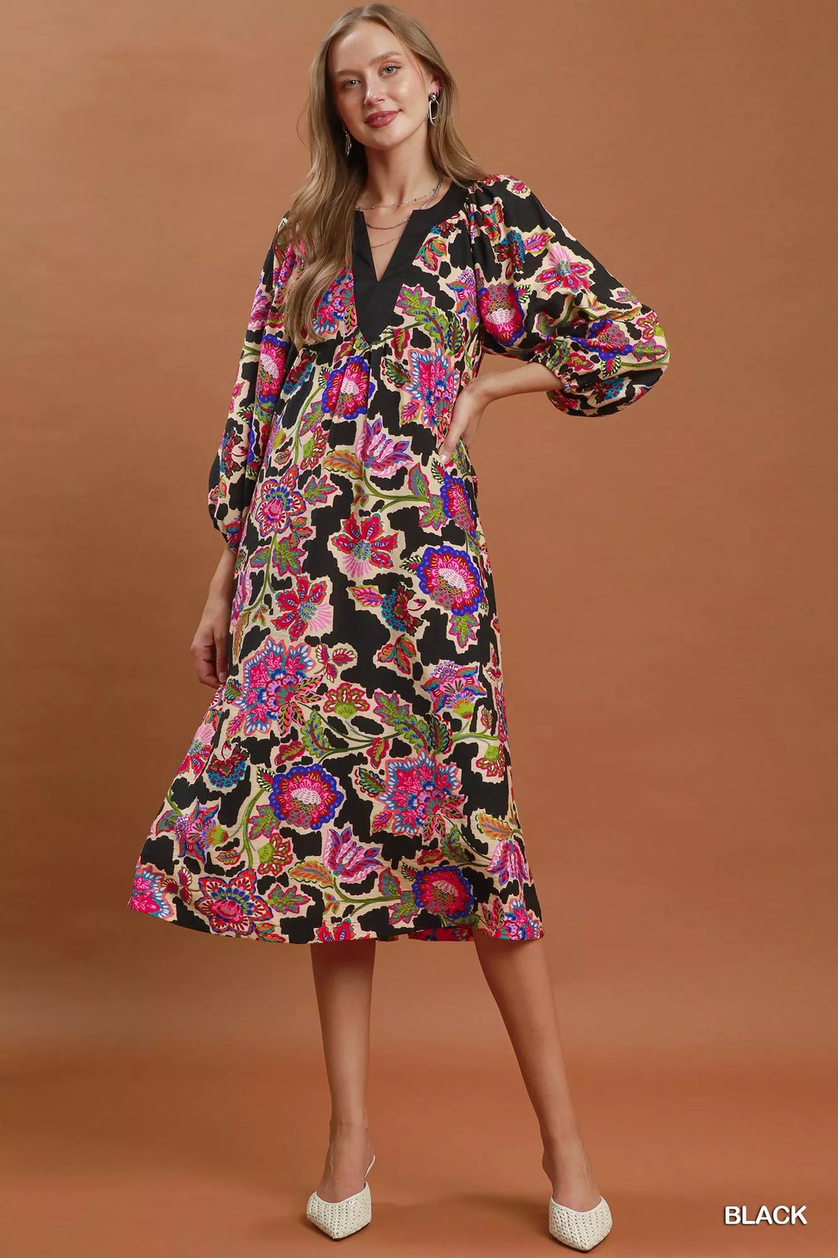 Umgee Abstract Print Embroidered Belted Midi Dress