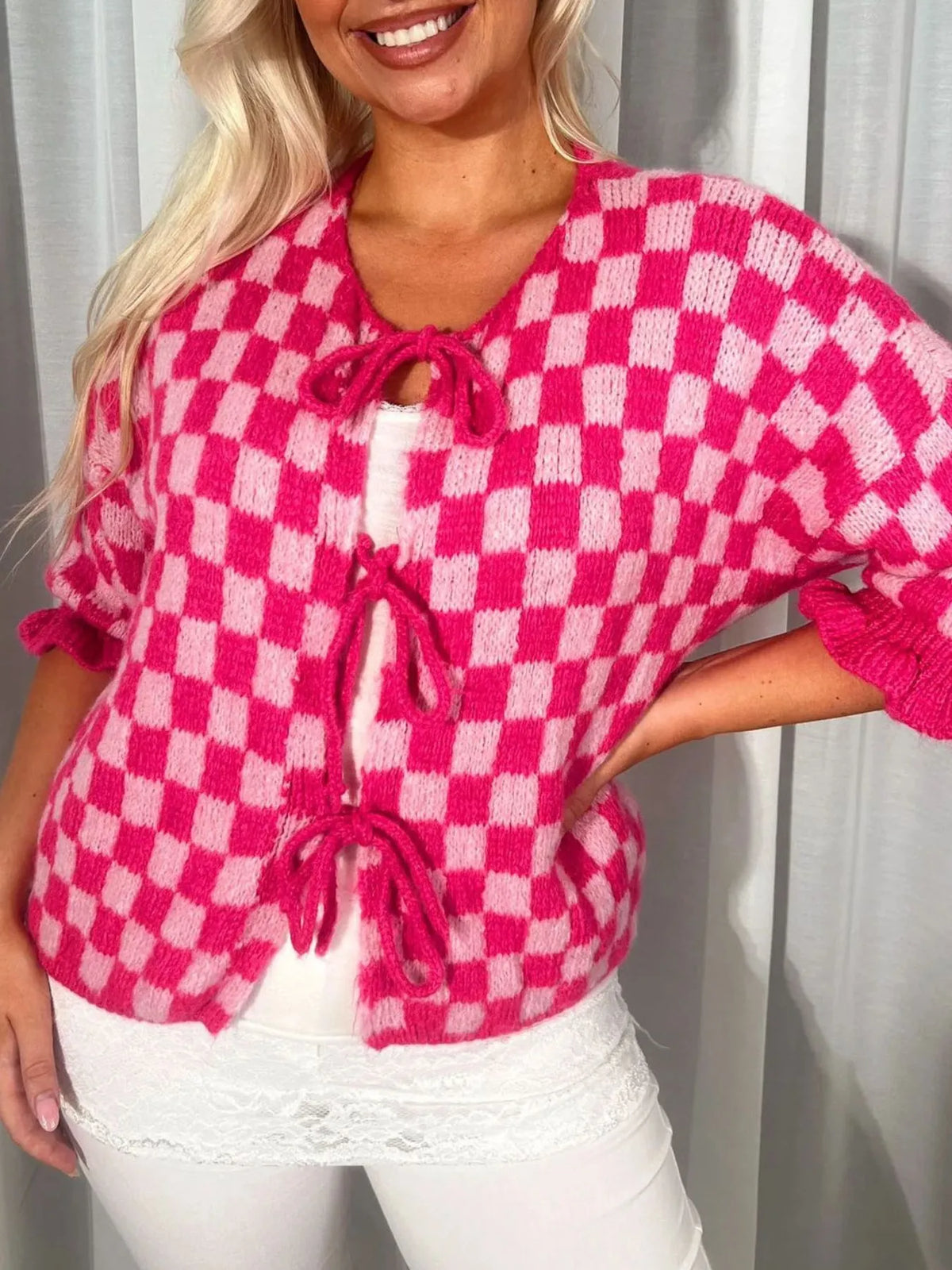Checkered Tie-Front Knit Cardigan