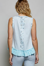 POL Floral Print Patche Round Neck Ribbed Tank with Double Gauze Ruffle Accents