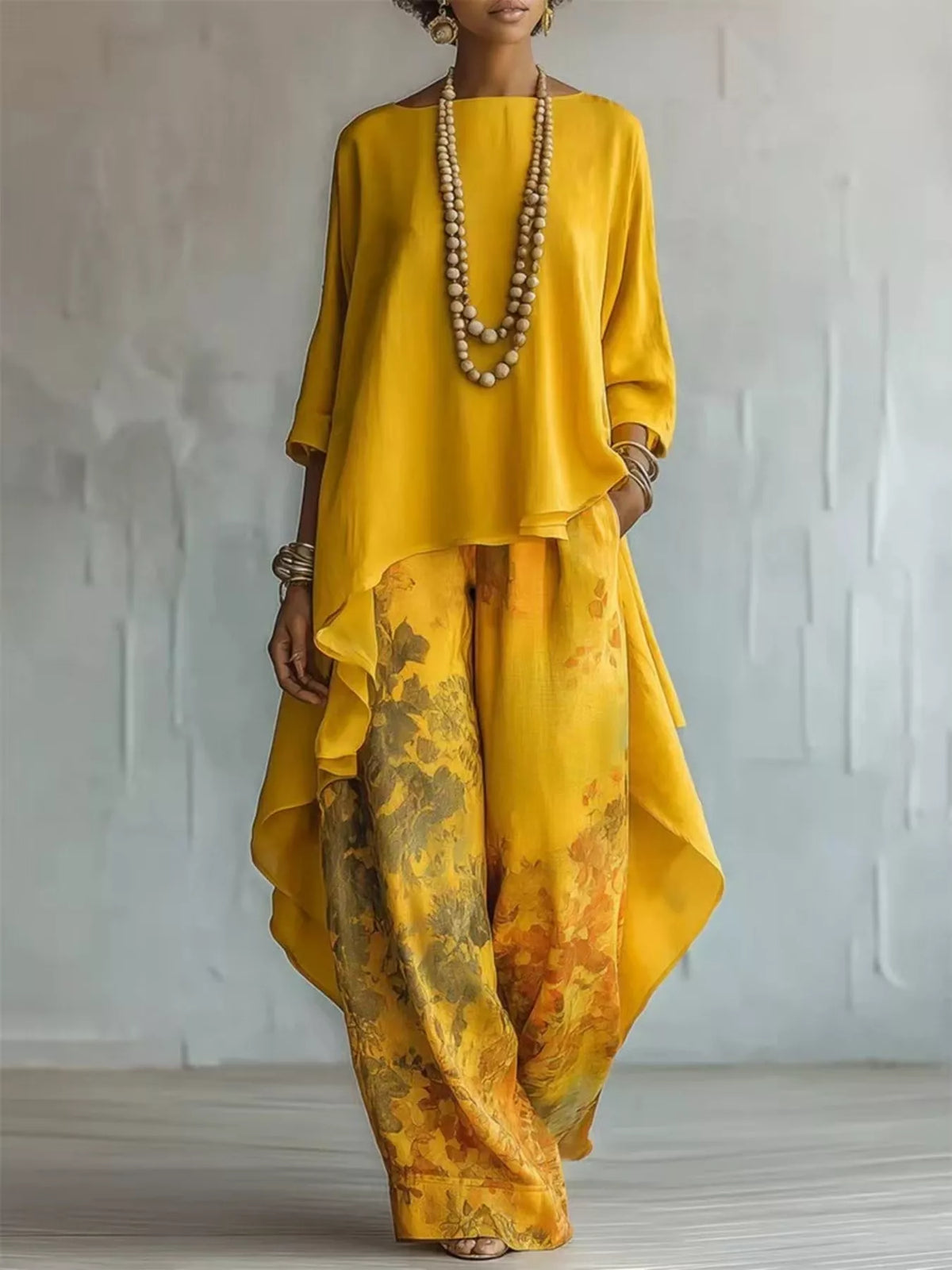 Asymmetrical Hem Top and Floral Pants Set
