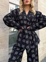 Open Front Cat Print Shirt and Pants Set
