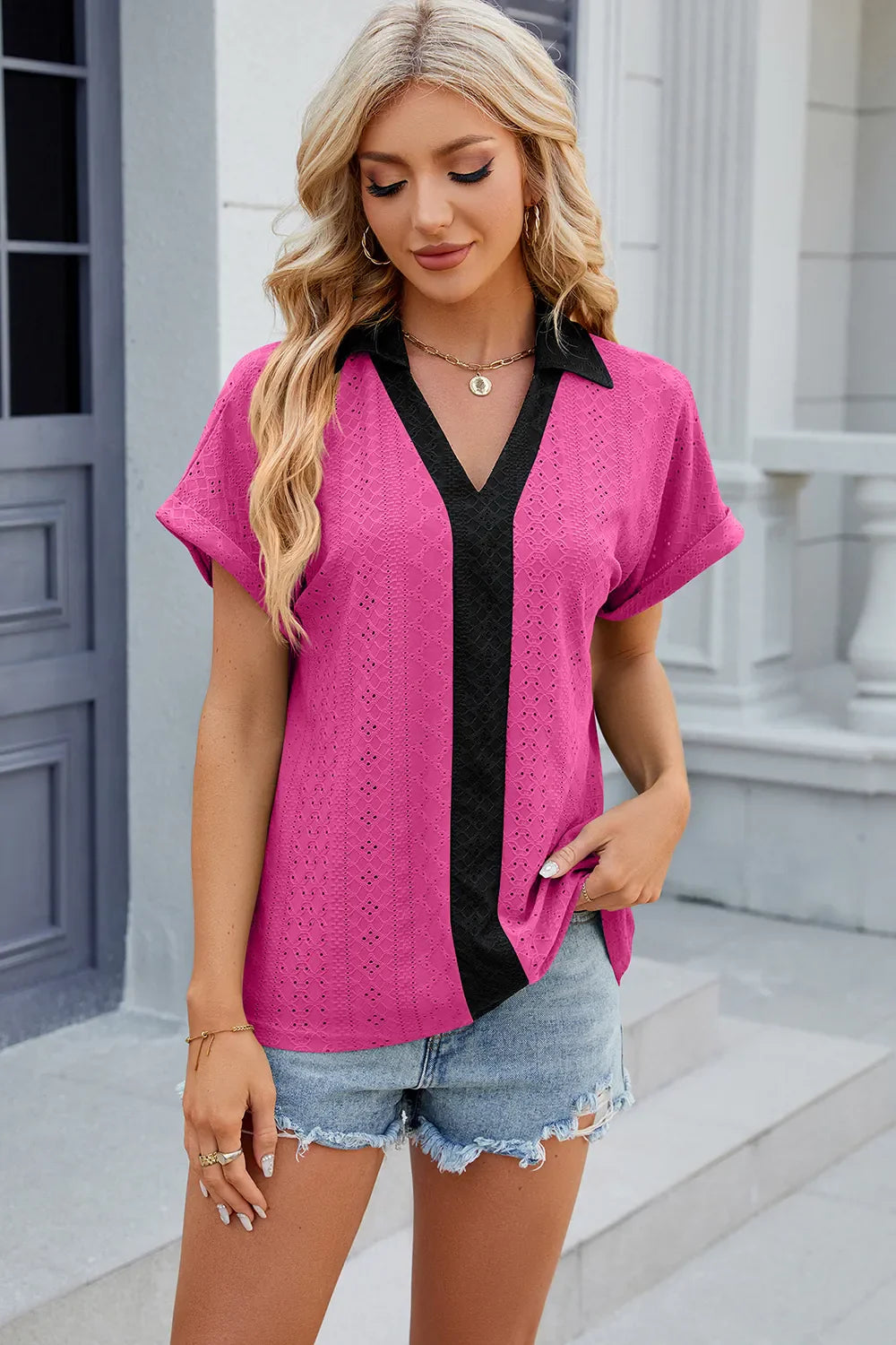 Eyelet Johnny Collar Short Sleeve T-Shirt