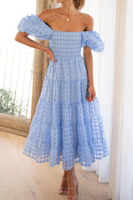 Off Shoulder Short Puff Sleeve Midi Dress