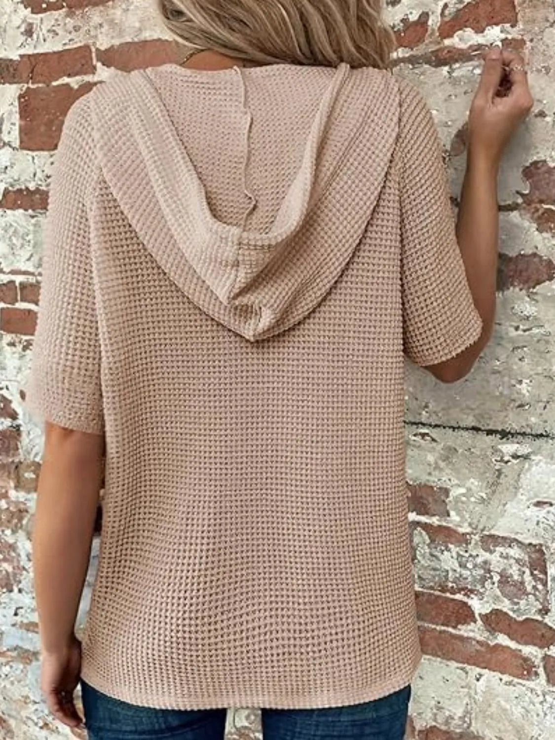 Drawstring Waffle-Knit Short Sleeve Hooded Top