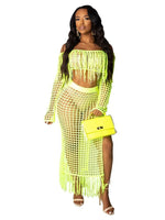 Full Size Crochet Off-Shoulder Fringe Top and Skirt Set Plus Size