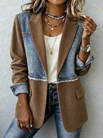 Full Size Patchwork Denim Ribbed Blazer Plus Size