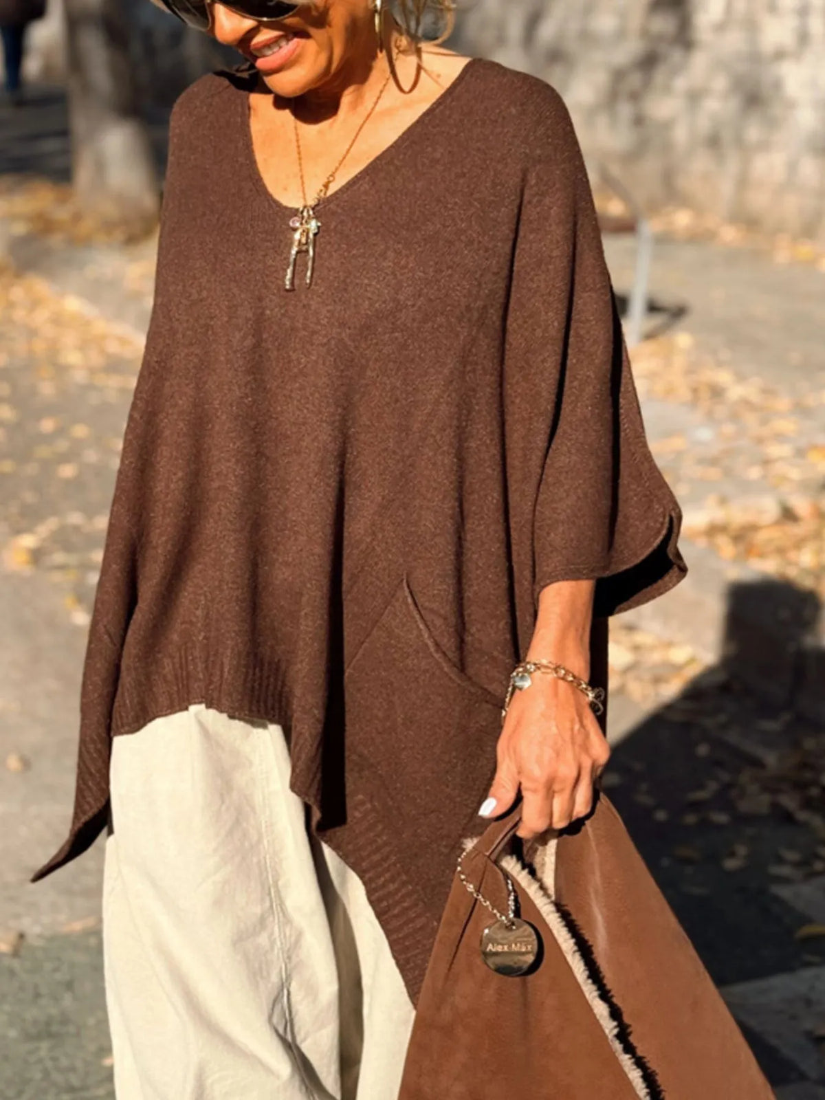 Ribbed Hem V-Neck Sweater