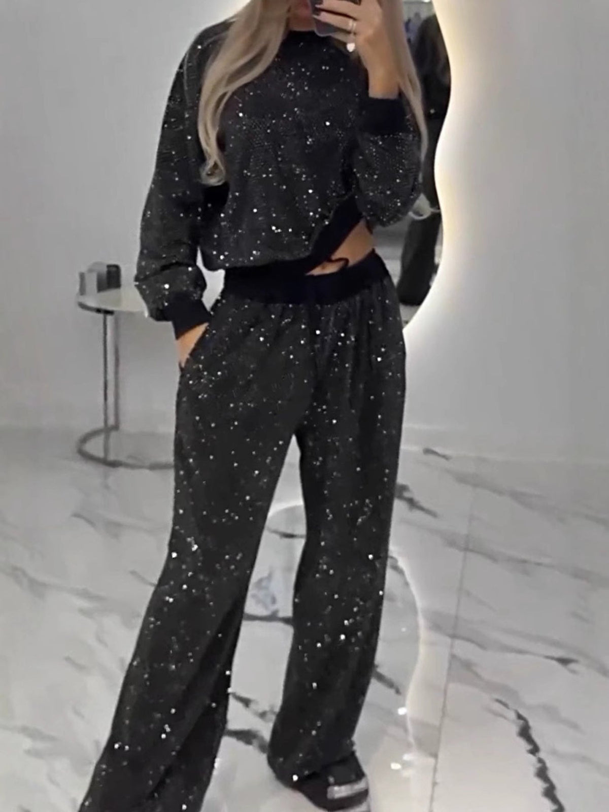 Full Size Sequin Round Neck Top and Pants Set Plus Size