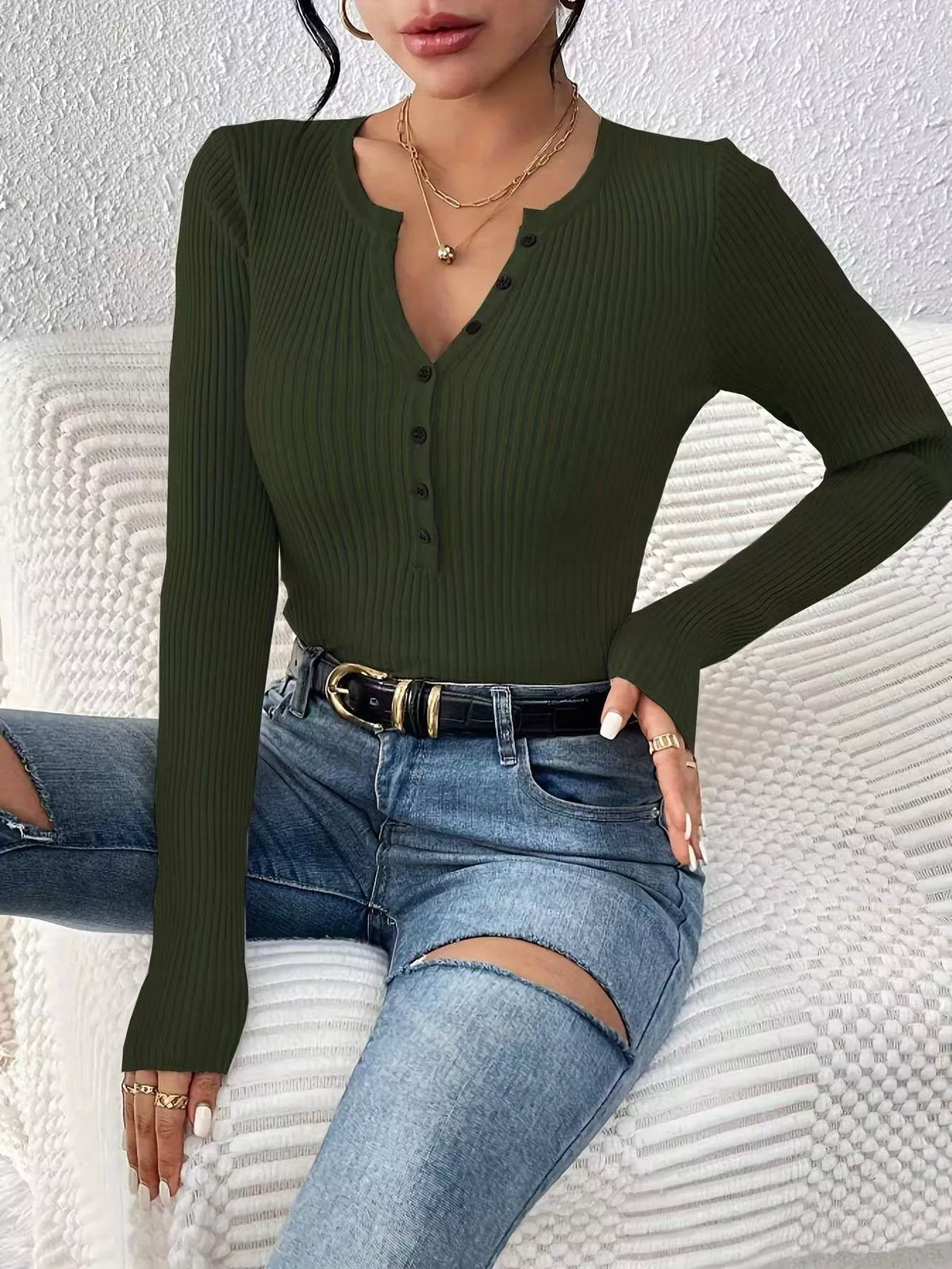 Ribbed Knit Button Front Knit Top
