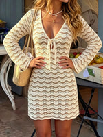 V-Neck Crochet Knit Long Sleeve Mini Dress