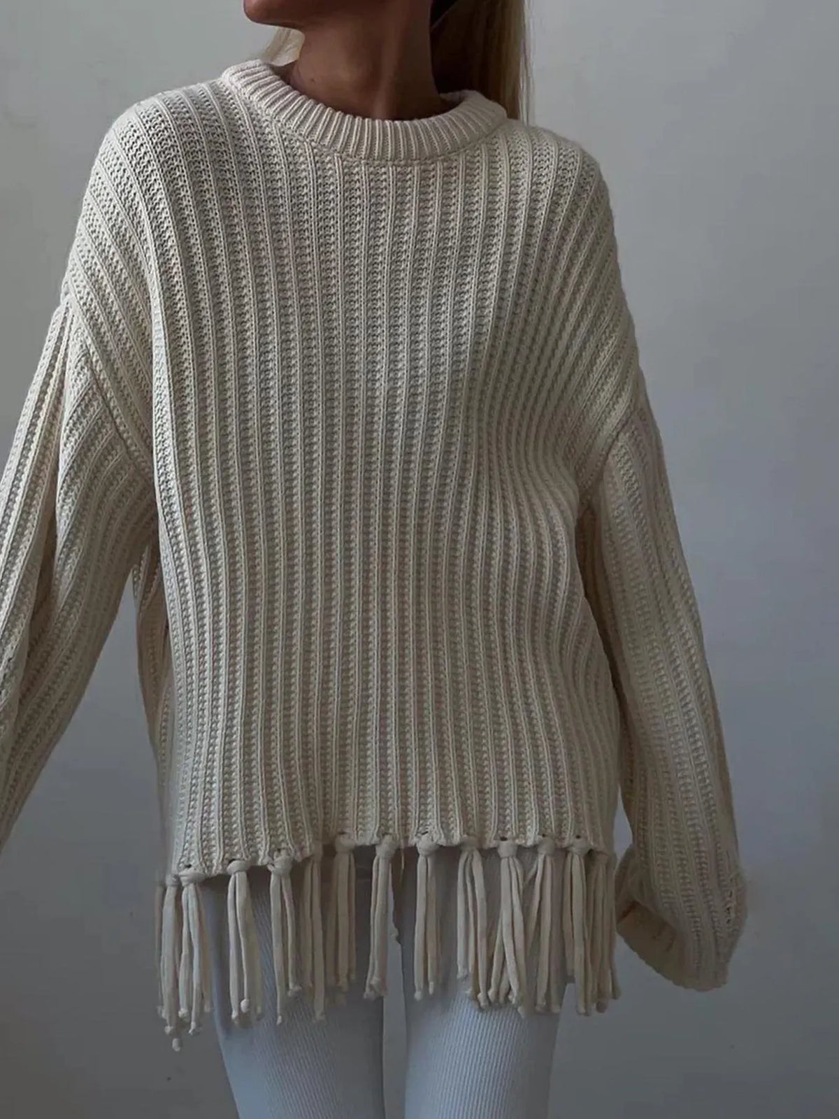 Fringe Round Neck Long Sleeve Sweater