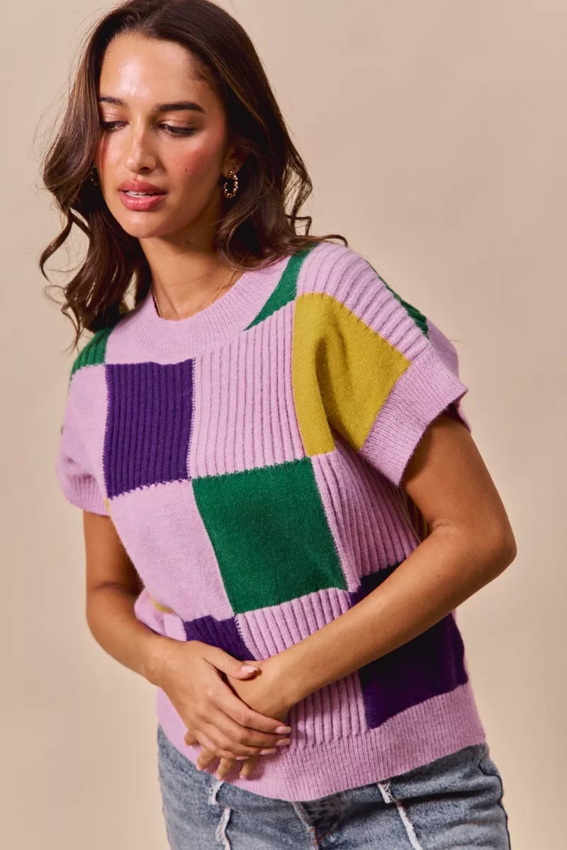 SO ME Mardi Gras Check Plaid Casual Sweater Top