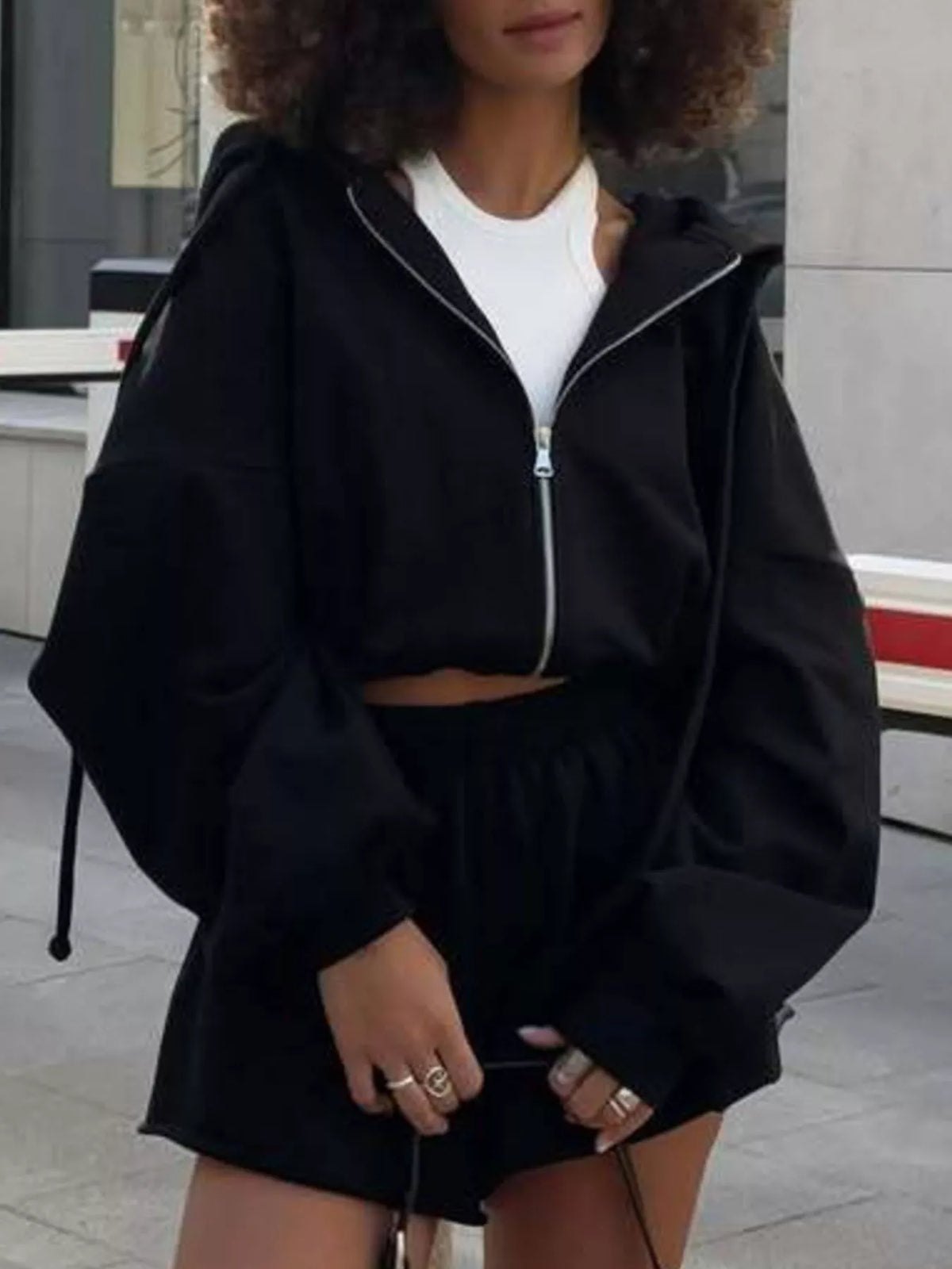 Zip Up Long Sleeve Outerwear and Shorts Set