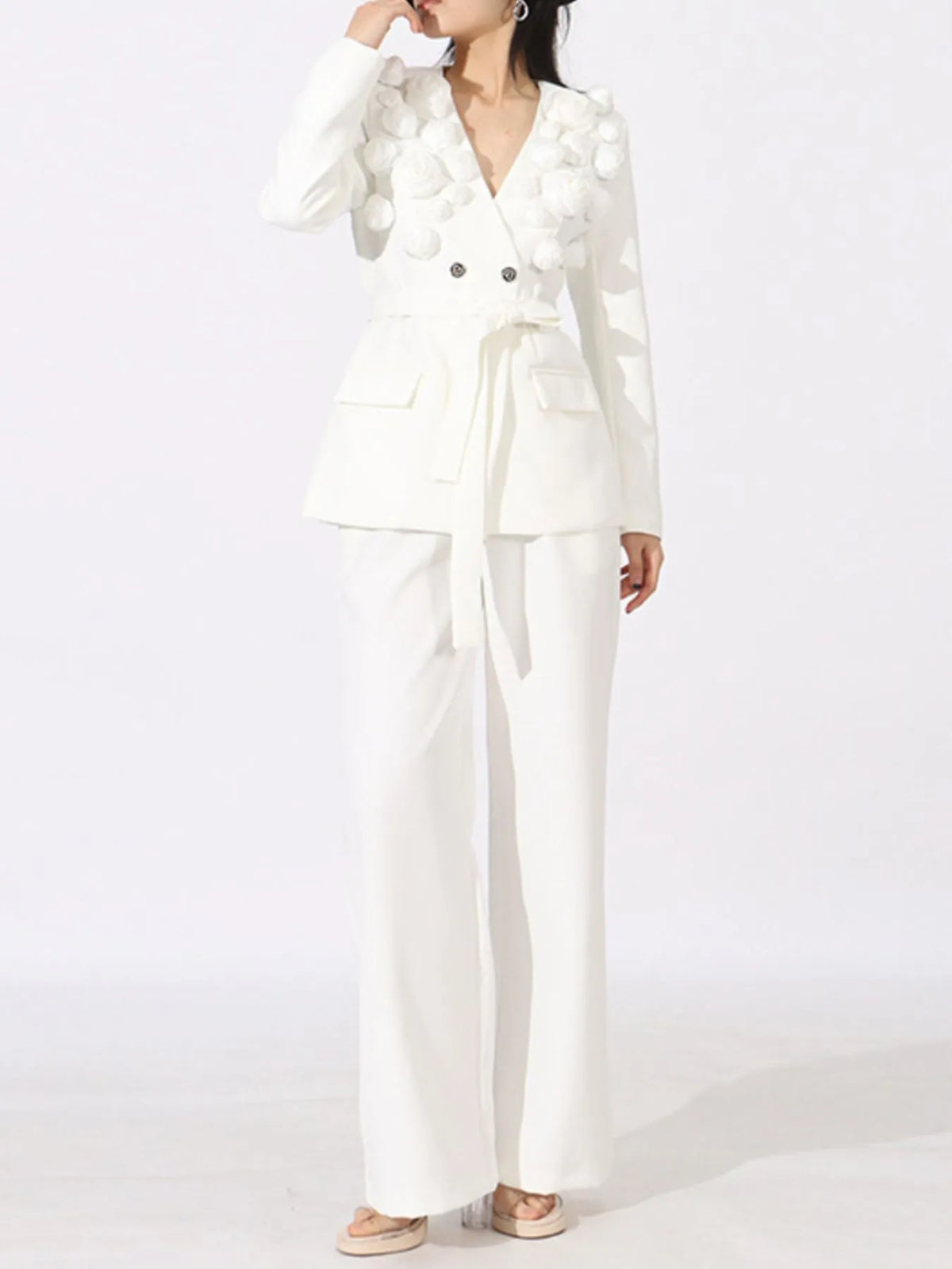 Flower Long Sleeve Blazer and Pants Set