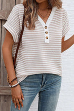 Stripe Buttoned Front V Neck T Shirt